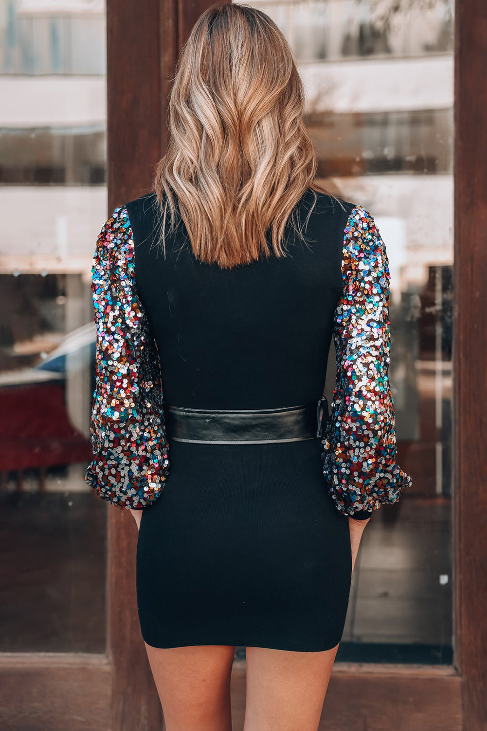 Black Sequin Bishop Sleeve U Neck Mini Sweater Dress 🇺🇸