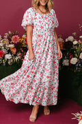 Pink Floral Puff Sleeve Square Neck Empire Waist Tiered Maxi Dress 🇨🇳