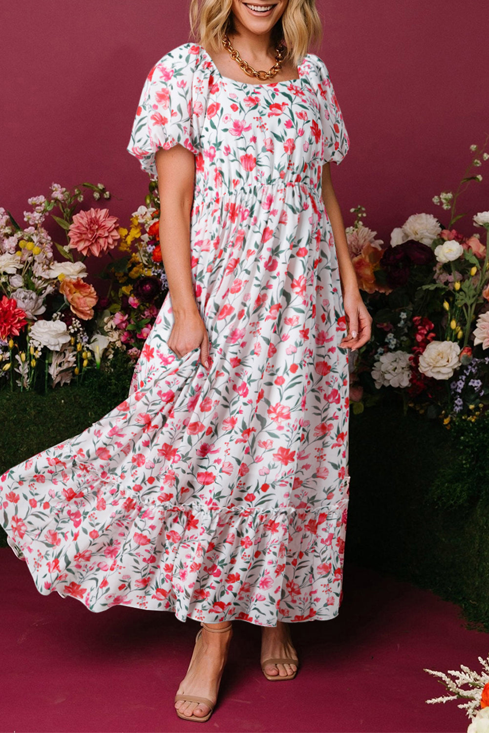 Pink Floral Puff Sleeve Square Neck Empire Waist Tiered Maxi Dress 🇨🇳
