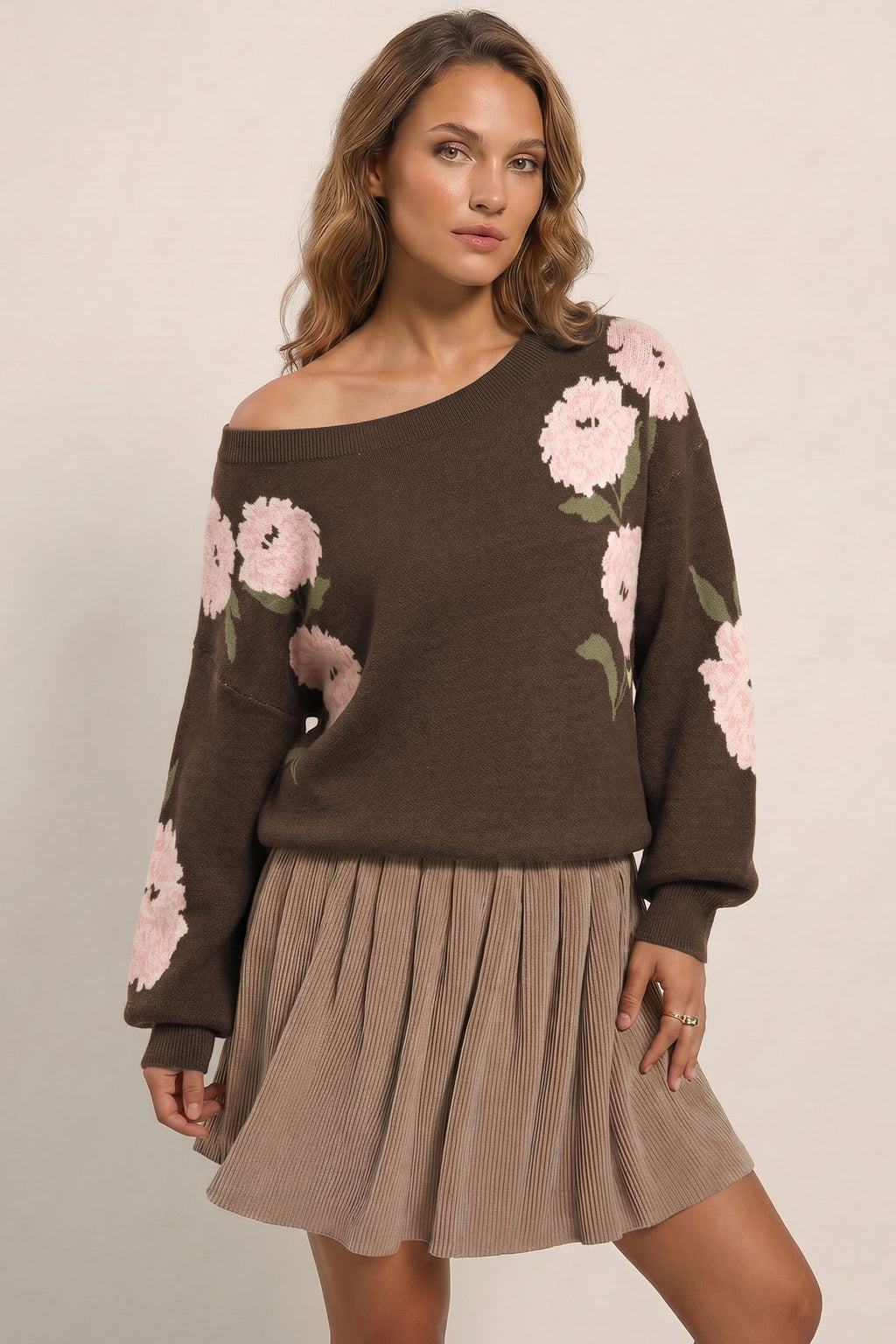 Dark Brown Floral Print Drop Shoulder Relaxed Pullover Sweater 🇬🇧