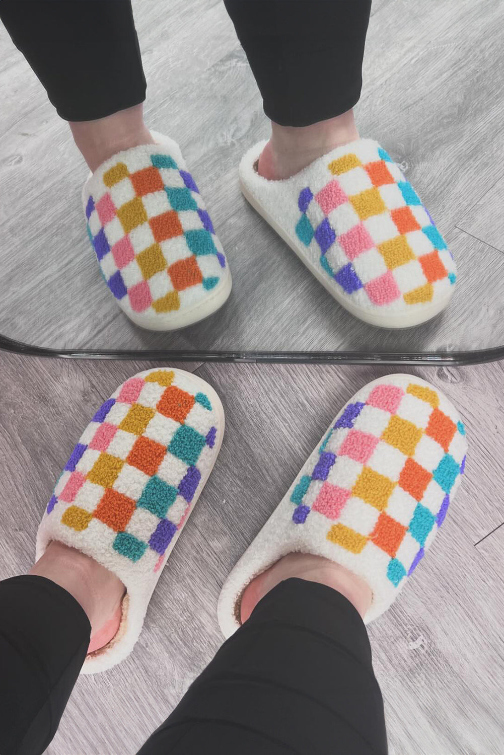 White Vibrant Checkered Plush Thermal Slippers 🇨🇳