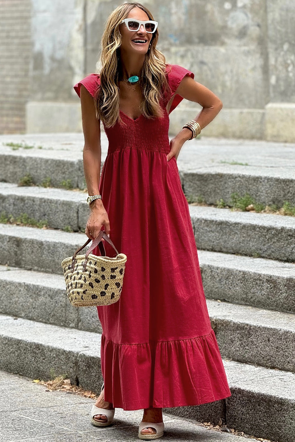 Fiery Red V Neck Flutter Sleeve Smocked Bodice High Waist Ruffle Maxi Dress 🇨🇳