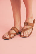 Chestnut Cross Toe Metal Buckle Leathered Flat Slippers 🇨🇳