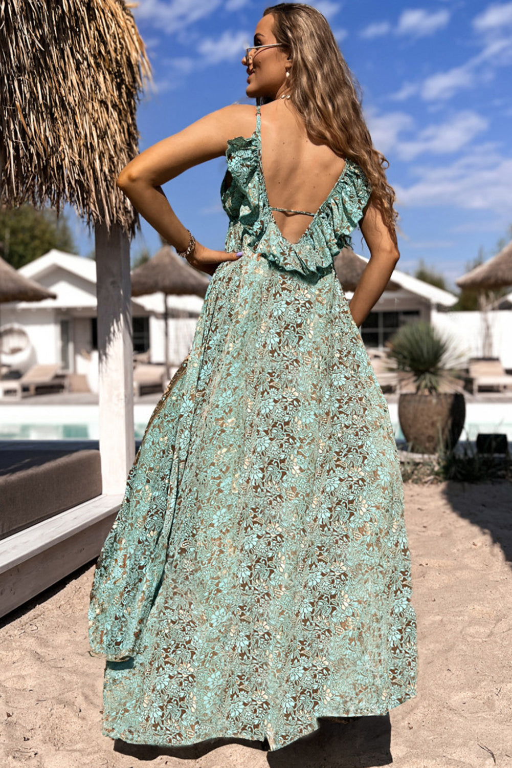 Green Floral Print V Neck Ruffled Trim Backless Tassel Waist Maxi Dress 🇺🇸
