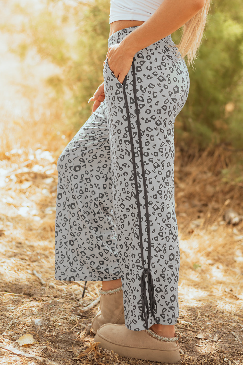 Gray Leopard High Waist Side Bow Straight Leg 🇺🇸