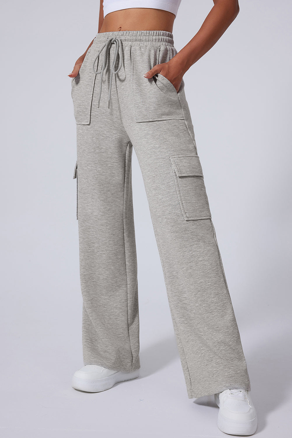 Light Grey Multi Pockets Lace-up High Waist Wide Leg Workout Pants 🇺🇲