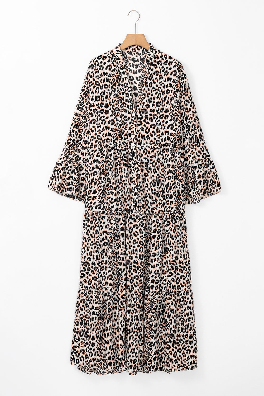 Apricot Leopard Print Tiered Wide Sleeve Maxi Dress 🇺🇸