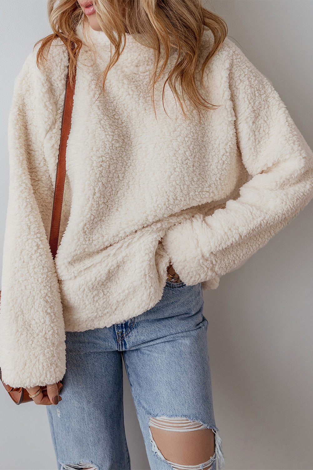 White Solid Fleece High Neck Drop Shoulder Pullover Sweatshirt 🇺🇸