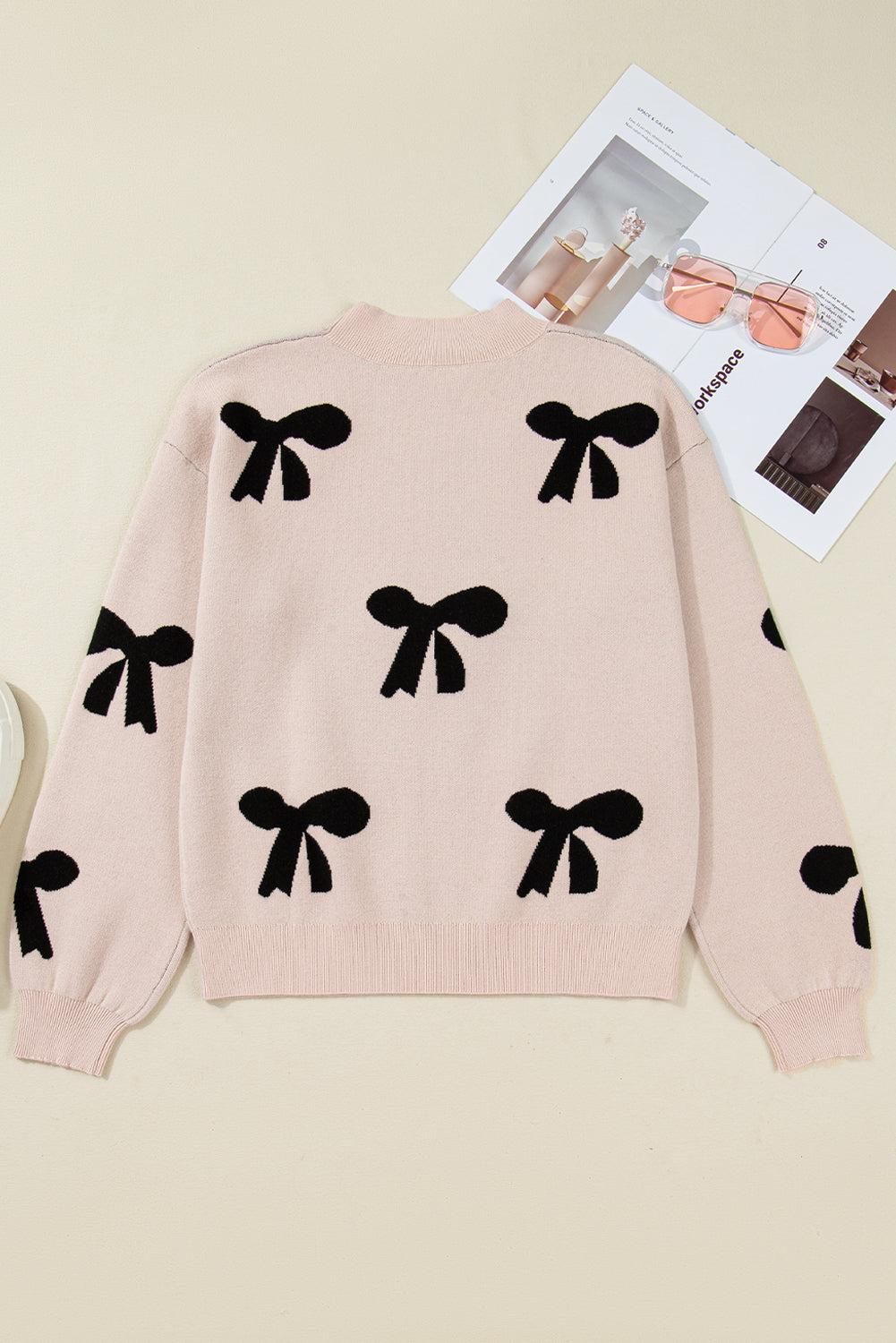 Smoke Gray Pearl Embellished Bow Pattern Loose Sweater 🇺🇸