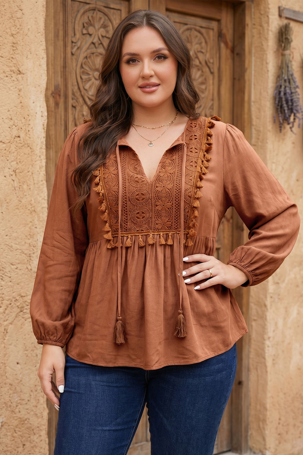 Chestnut Boho V Neck Embroidered Tassel Long Sleeve Plus Size Blouse 🇺🇸