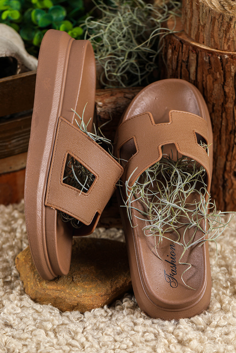Chestnut Cutout Design Open Toe Platform Slippers (Run Small, Size Up) 🇨🇳