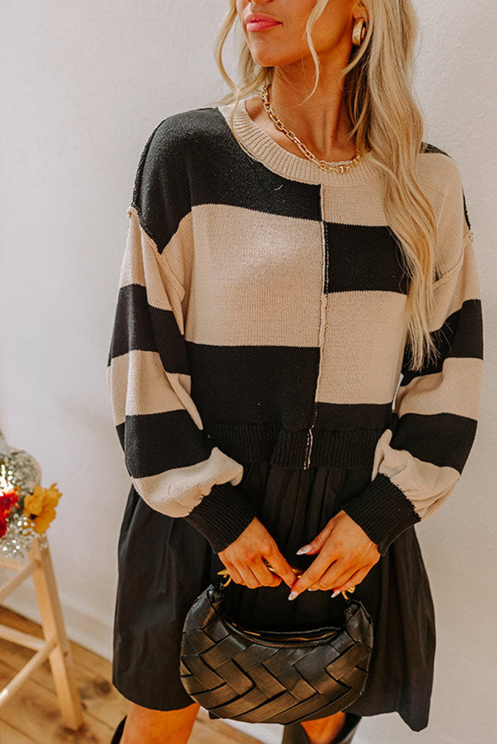 Black Stripe Two in One Knitted Top High Waist Splicing Hem Sweater Dress 🇺🇲