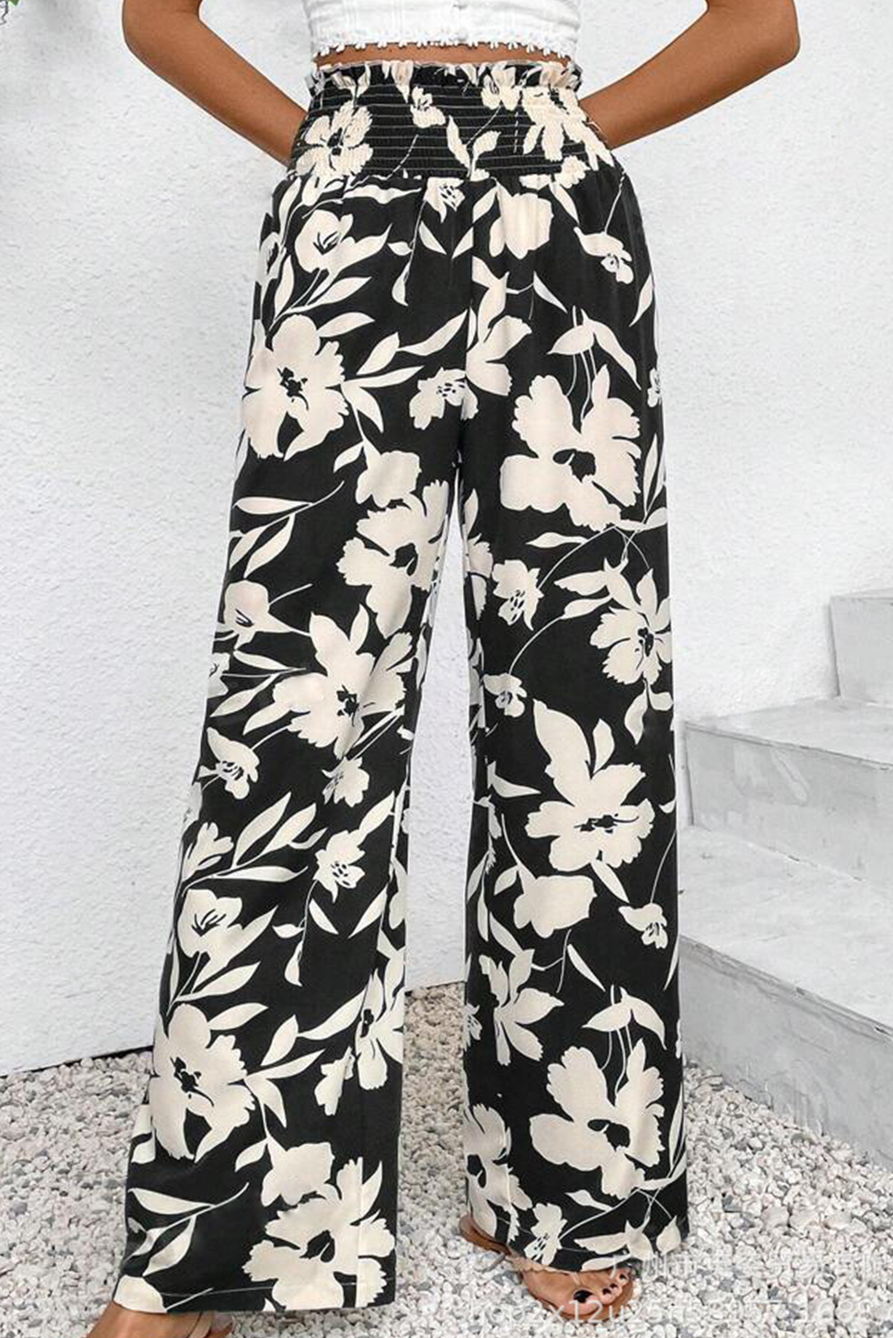Black Floral Print Smocked High Waist Wide Leg Pants 🇨🇳