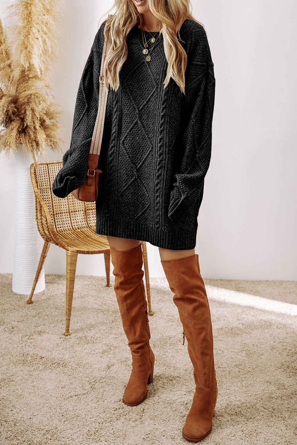 Black Cable Knit Drop Shoulder Loose Fit Sweater Dress 🇺🇸