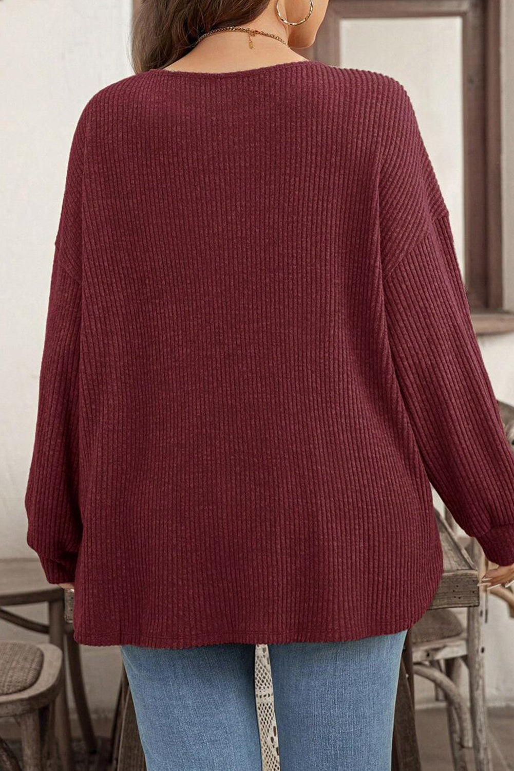 Wild Ginger Plus Size Ribbed Button Decor Long Sleeve Loose Top 🇺🇸