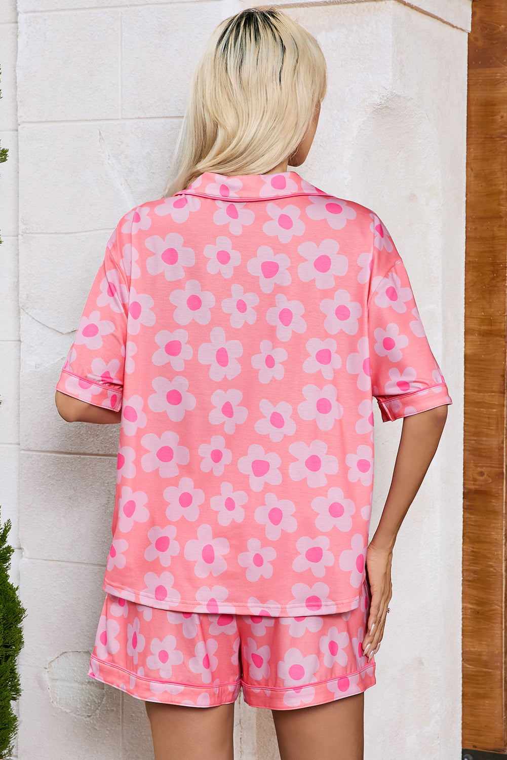 Pink Flower Print Short Sleeve Shirt Pajamas Set 🇨🇳