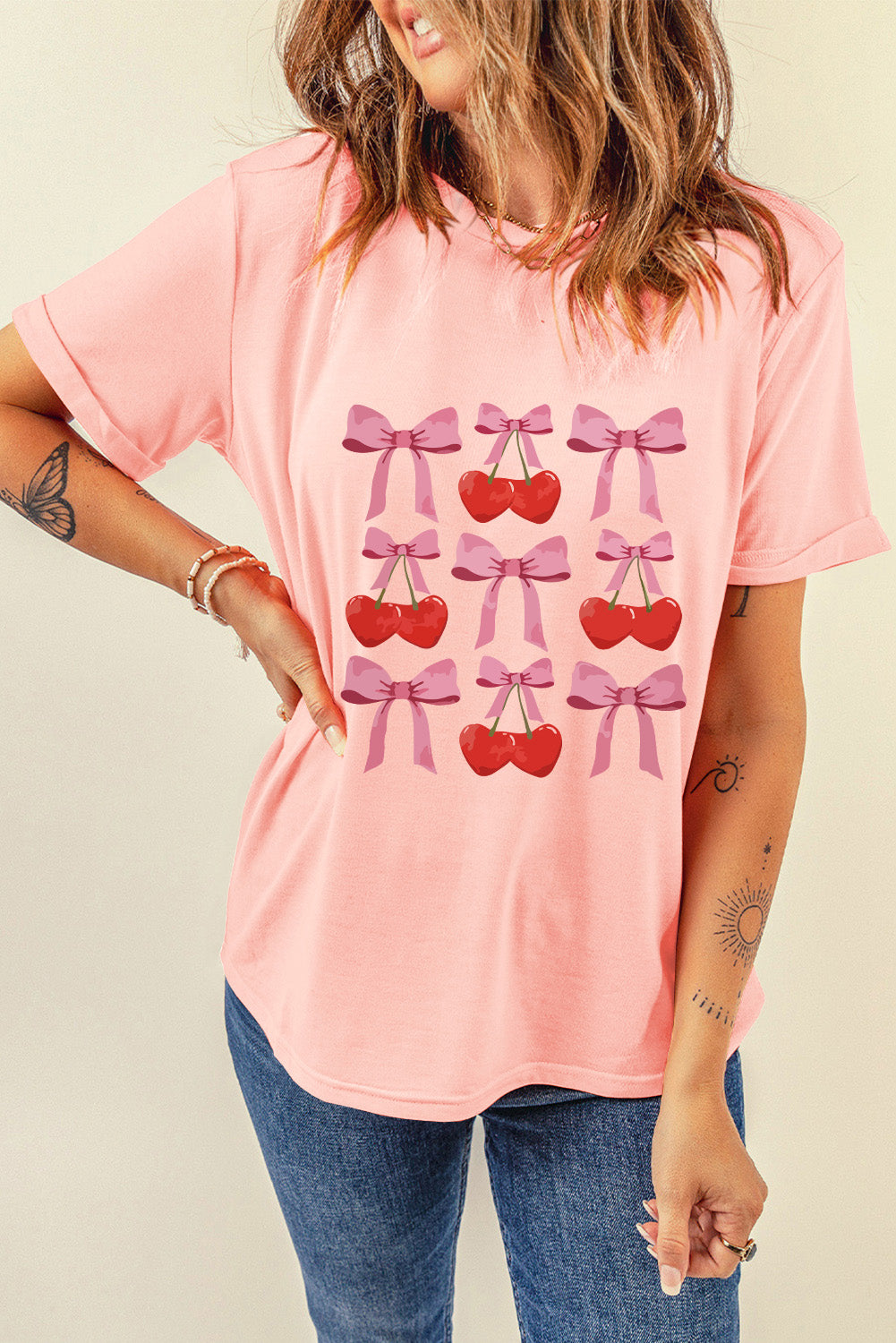 Pink Bow Cherry Print Crew Neck Casual T Shirt 🇨🇳