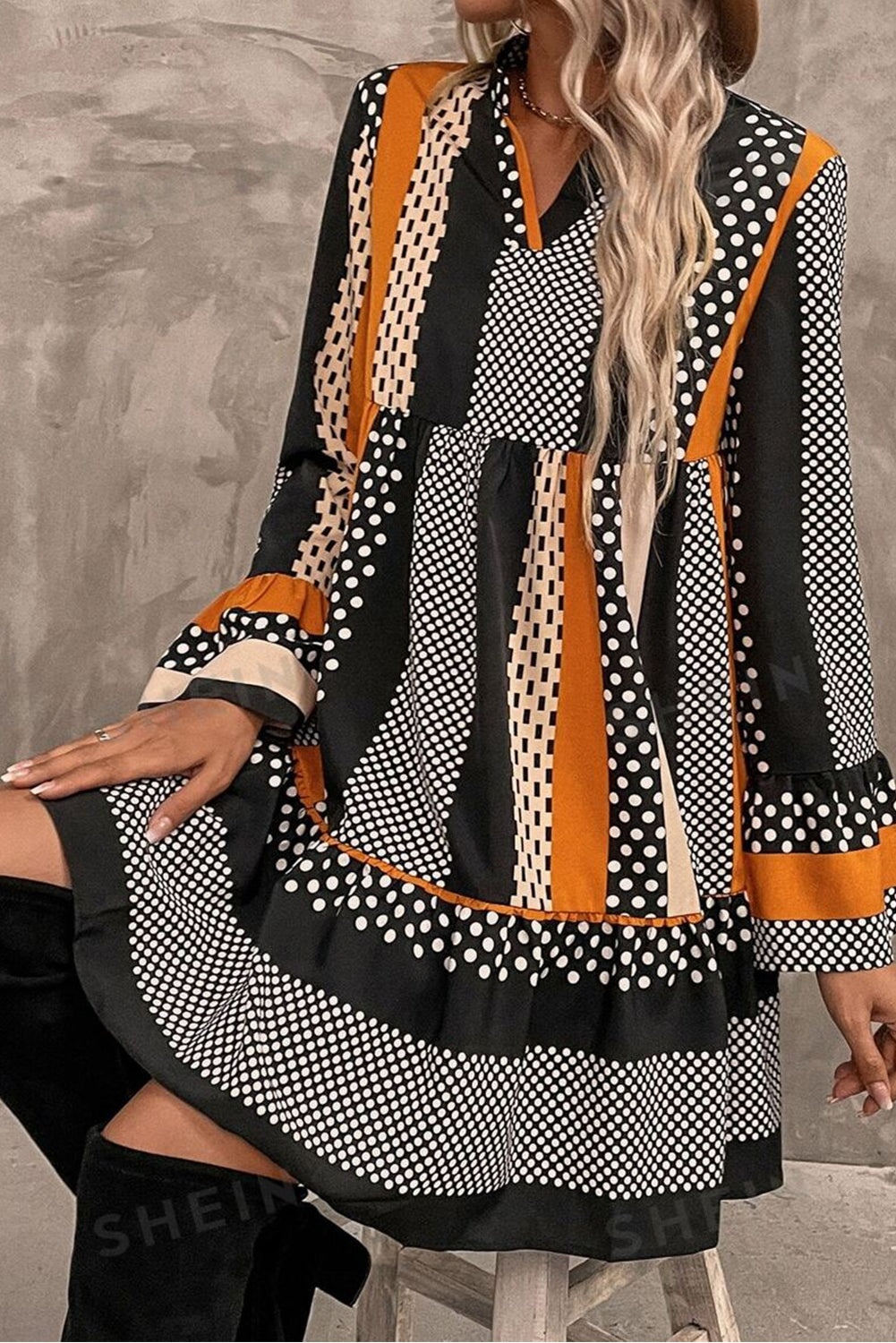Black Striped Polka Dot Print Ruffled Hem V Neck Mini Dress 🇺🇸
