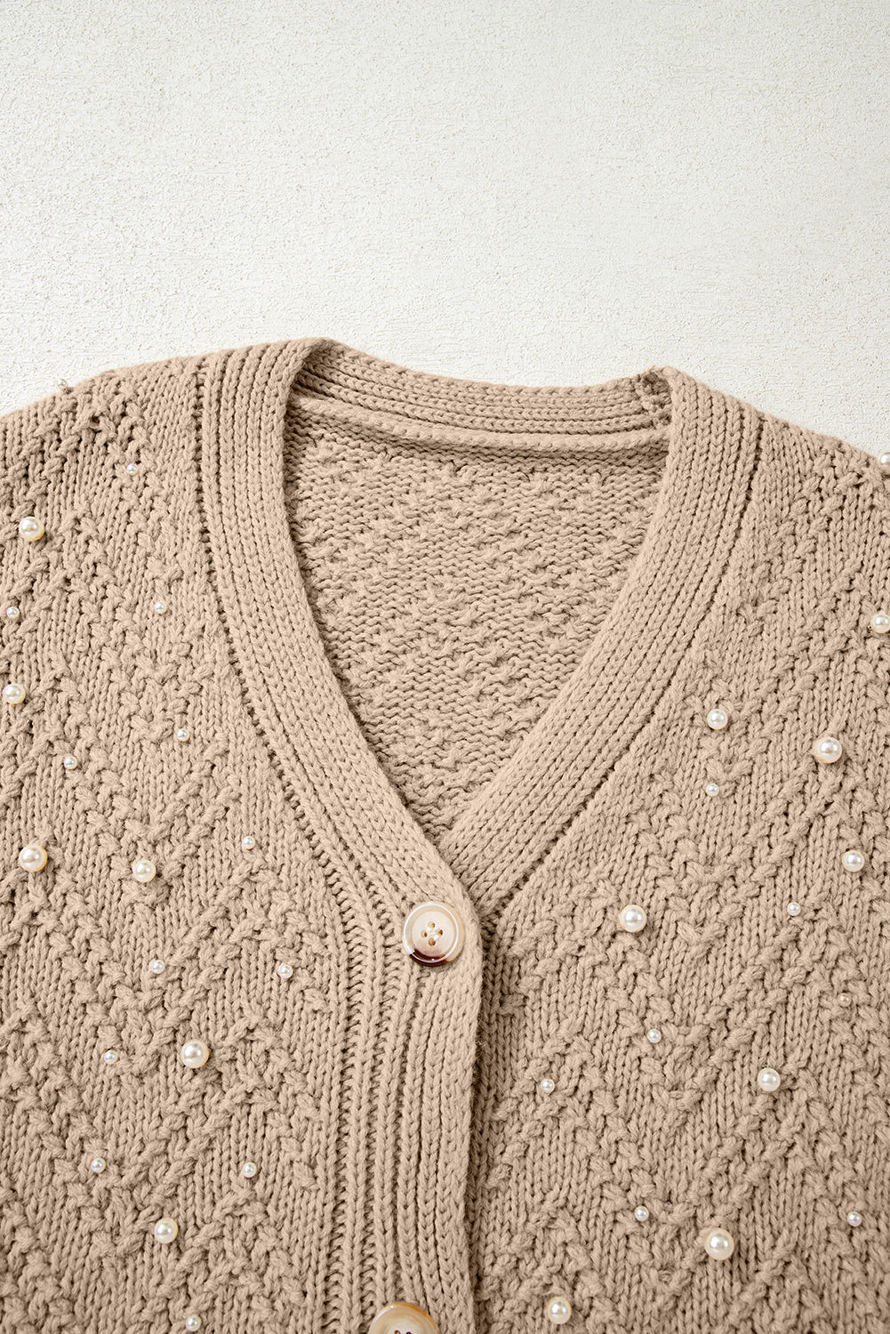Smoke Gray Pearl Embellished Button Front V Neck Sweater Cardigan 🇺🇸