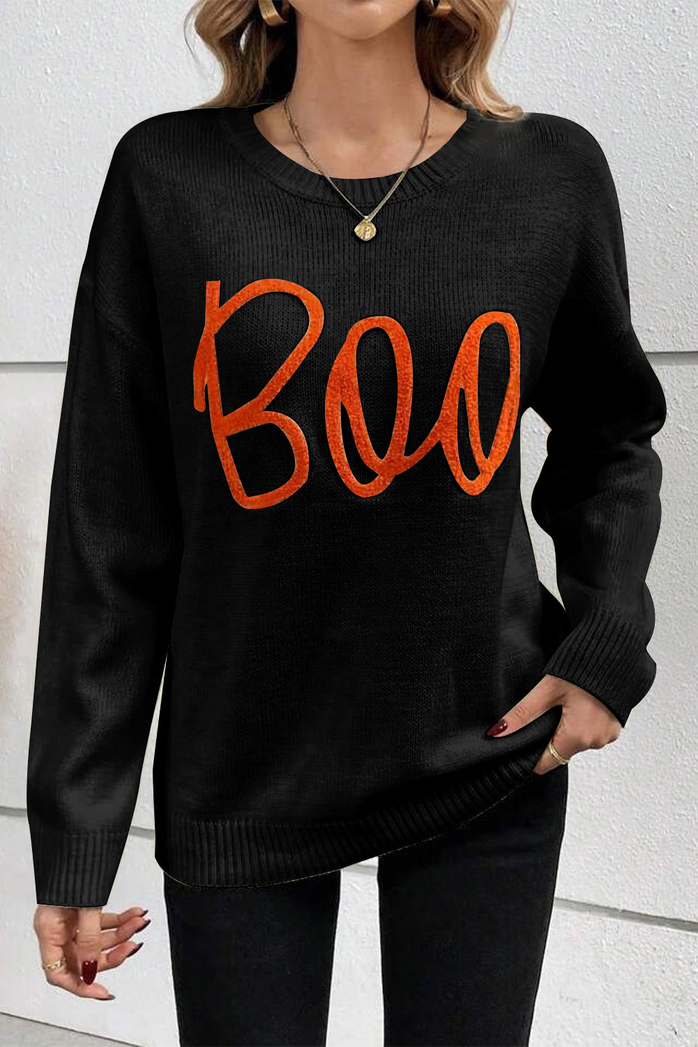 Black Boo Knitted Pattern Ribbed Edge Drop Shoulder Sweater 🇺🇸