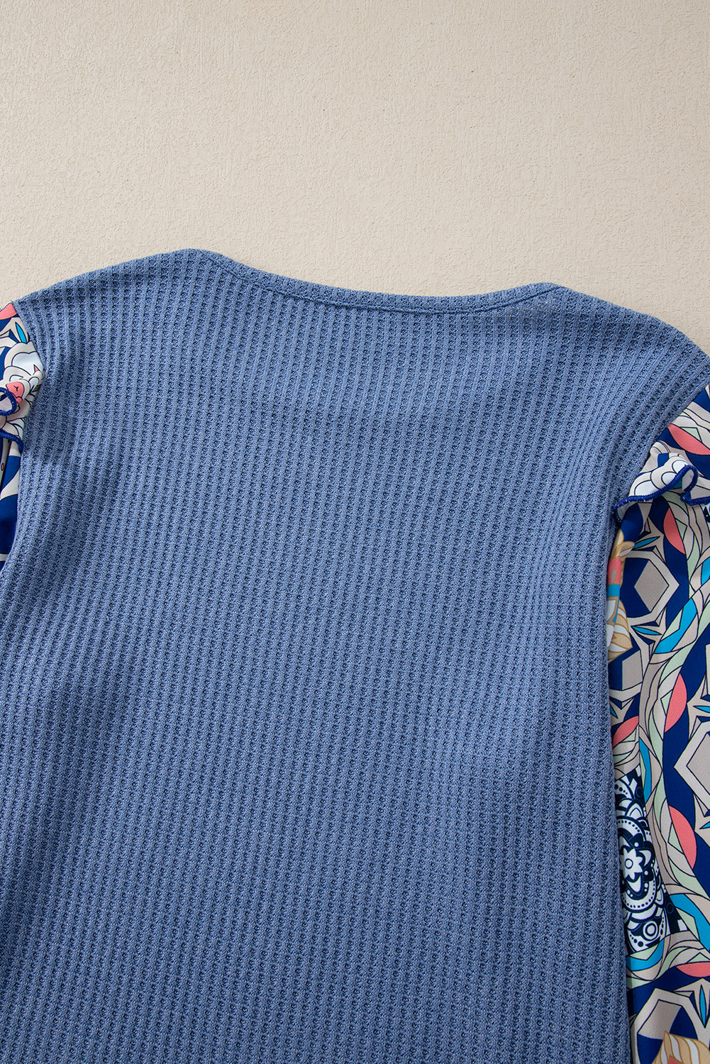 Ashleigh Blue Ruffled Floral Sleeve Patchwork Waffle Knit O Neck Blouse 🇺🇸