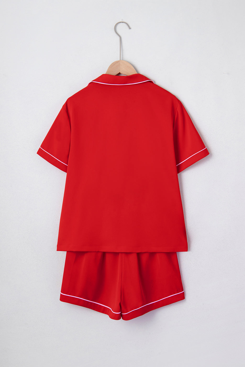 Fiery Red Contrast Trim Ribbon Bow Short Silky 2pcs Pajama Set 🇺🇸