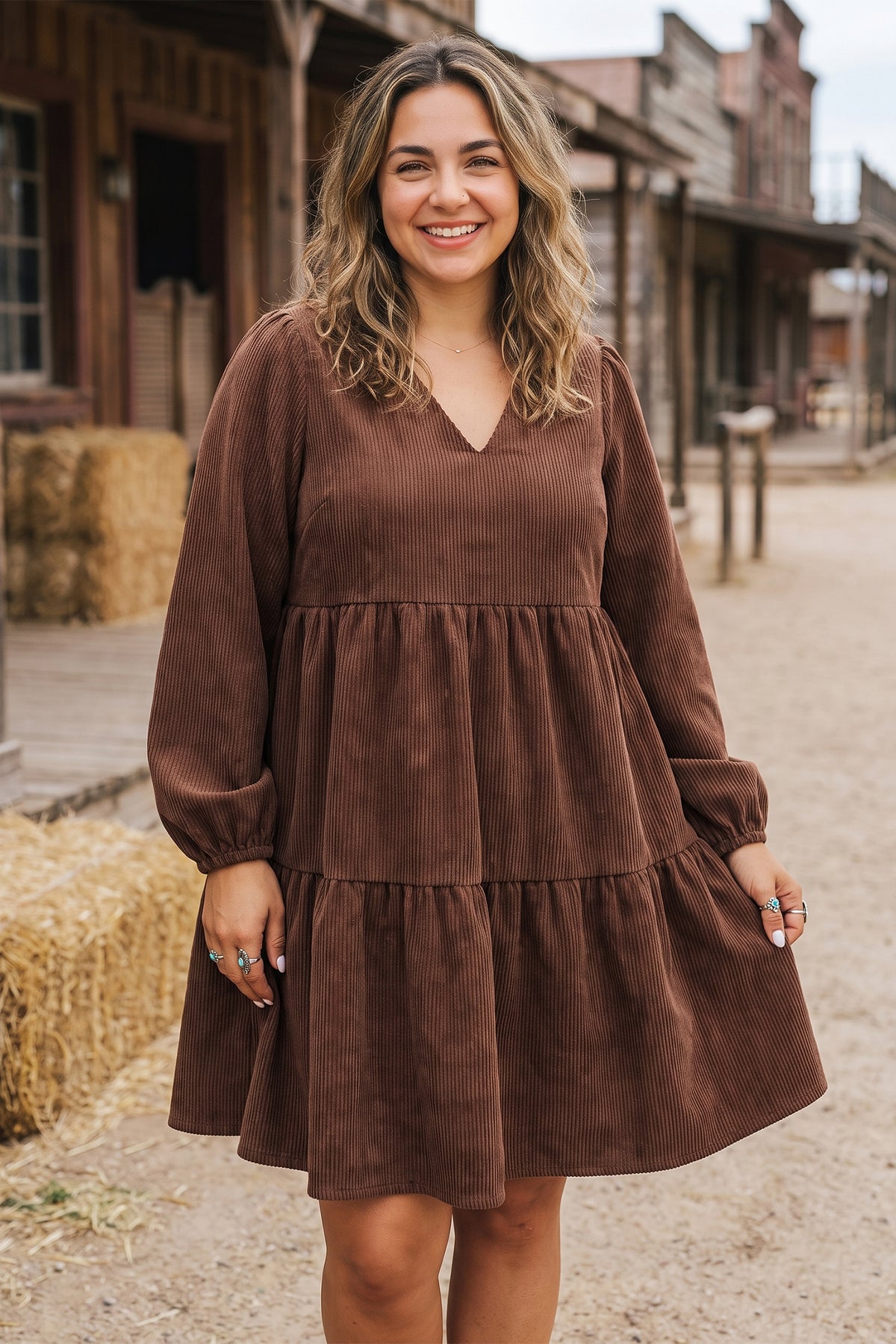 Coffee Winter Corduroy V Neck Long Sleeve Plus Size Mini Dress 🇺🇸