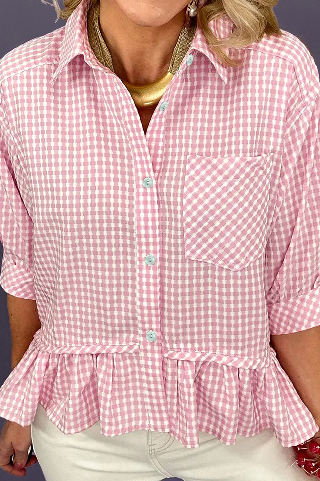 Pink Plaid Half Sleeve Ruffle Hem Button Down Shirt 🇺🇸