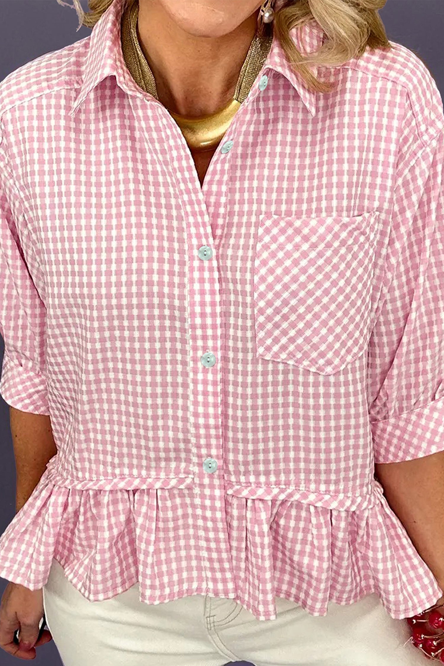 Pink Plaid Half Sleeve Ruffle Hem Button Down Shirt 🇺🇸
