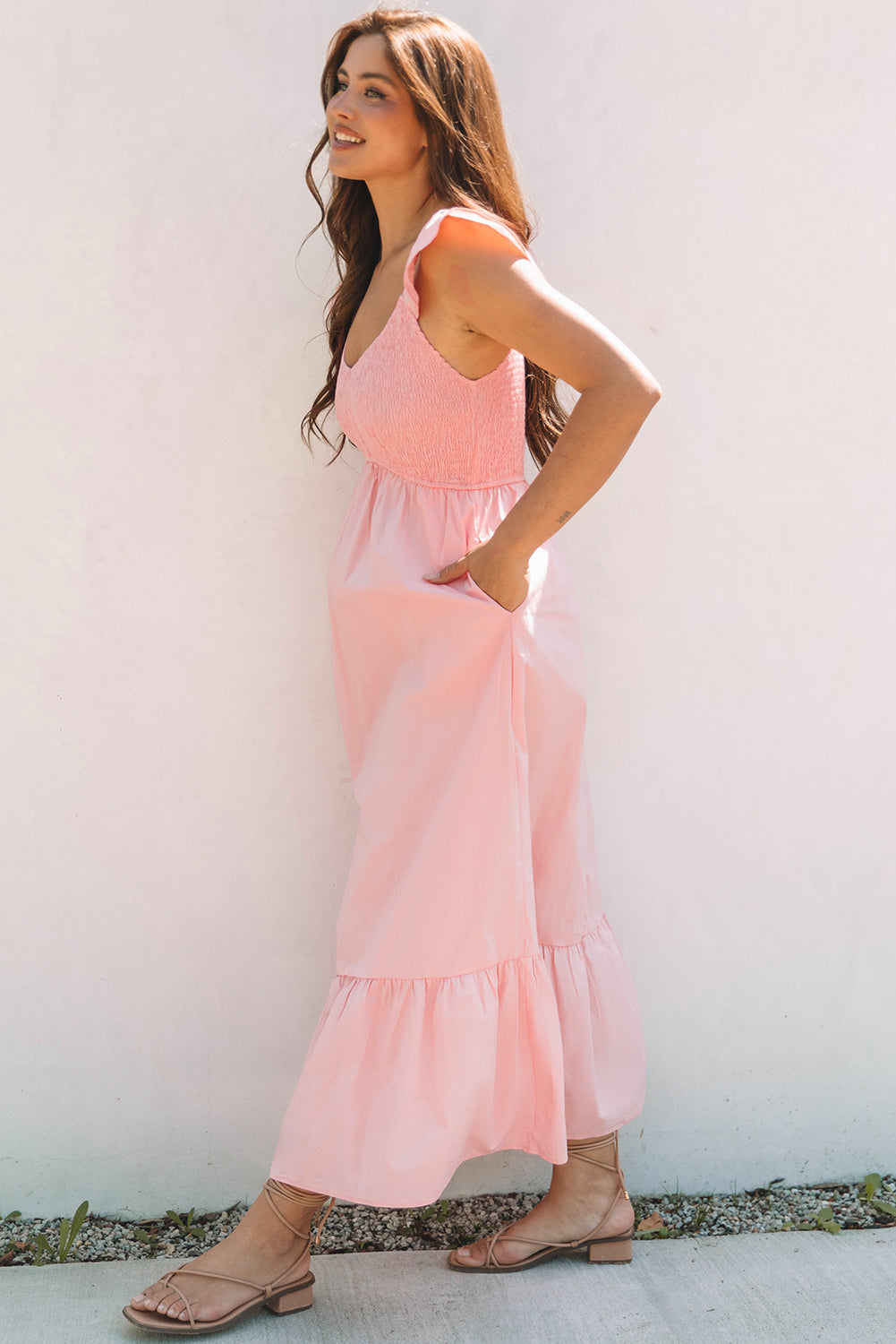 Pink V Neck Flutter Sleeve Smocked Bodice High Waist Ruffle Maxi Dress 🇨🇳
