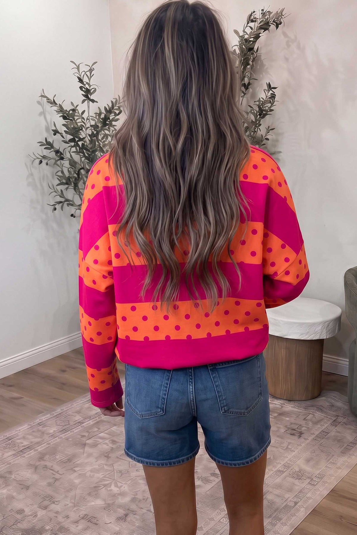 Pink Stripe Patchwork Polka Dot Accent Quarter Zip Long Sleeve Top 🇺🇸