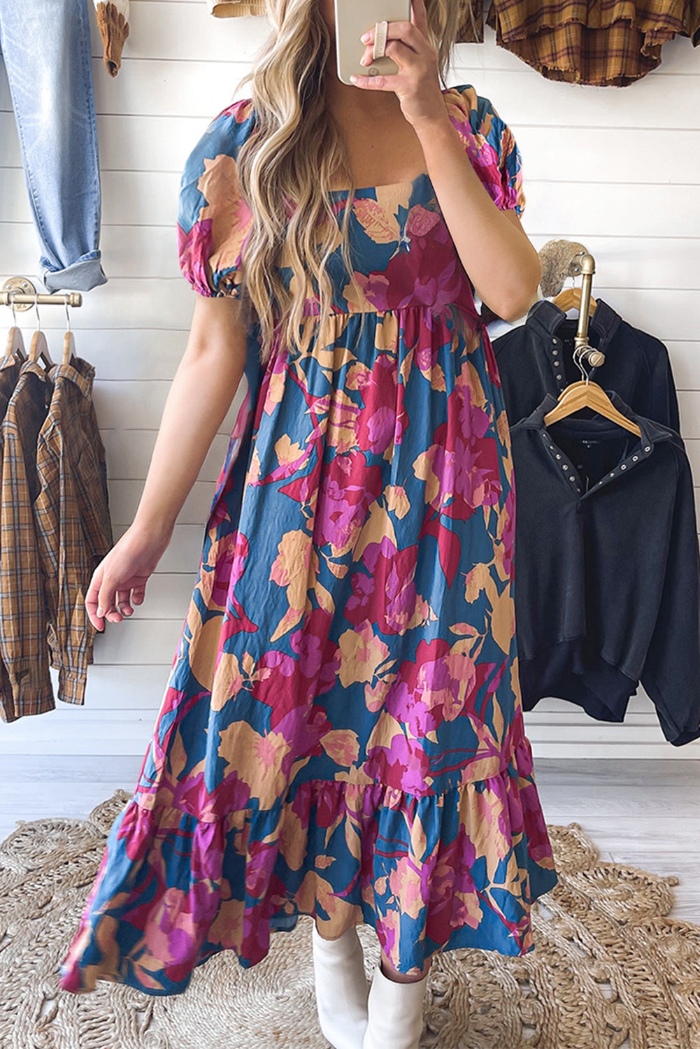 Dark Blue Square Neck Bubble Sleeve Ruffled Floral Dress 🇺🇸