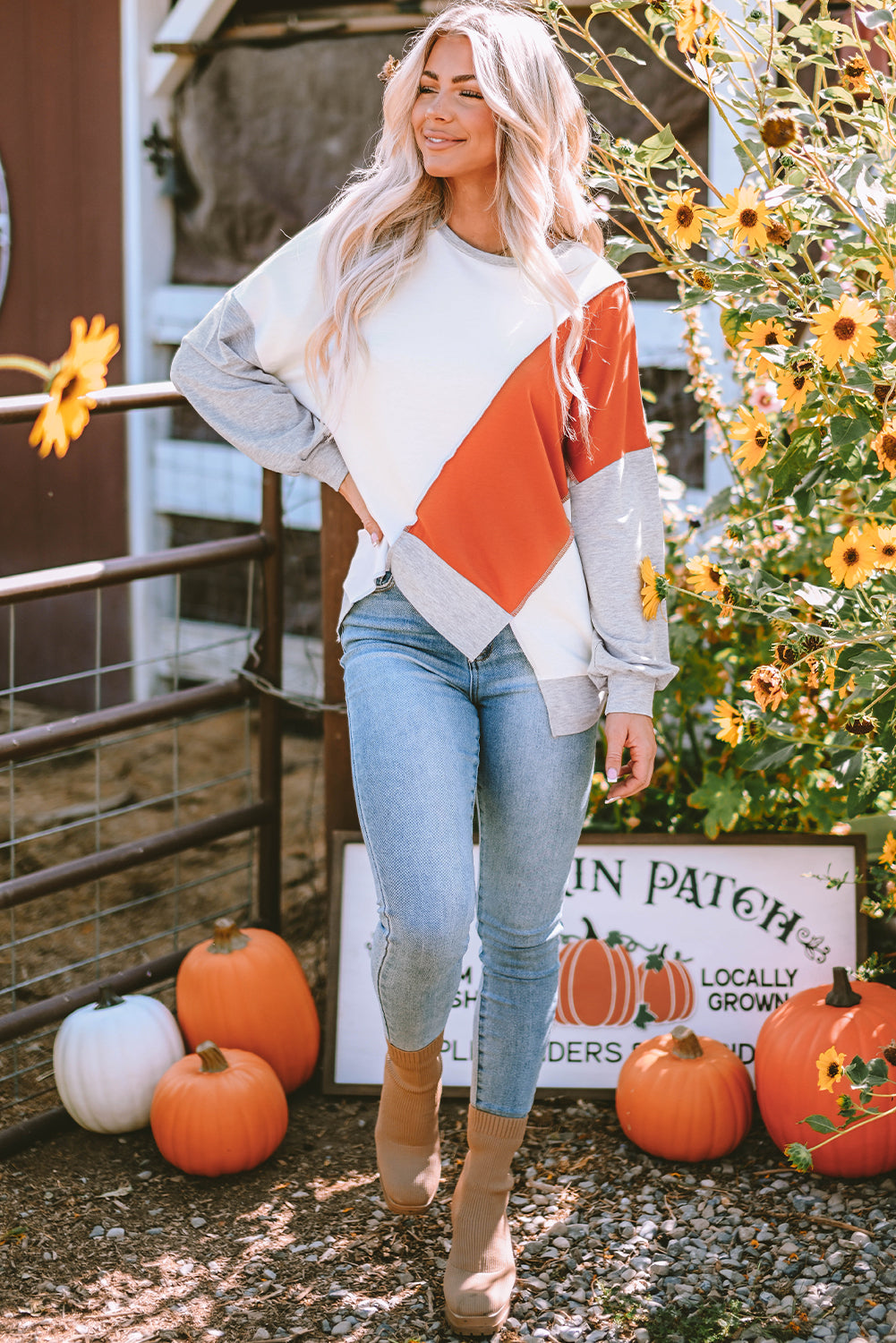 Khaki Colorblock Stitching Irregular Hem Long Sleeve Top 🇺🇸
