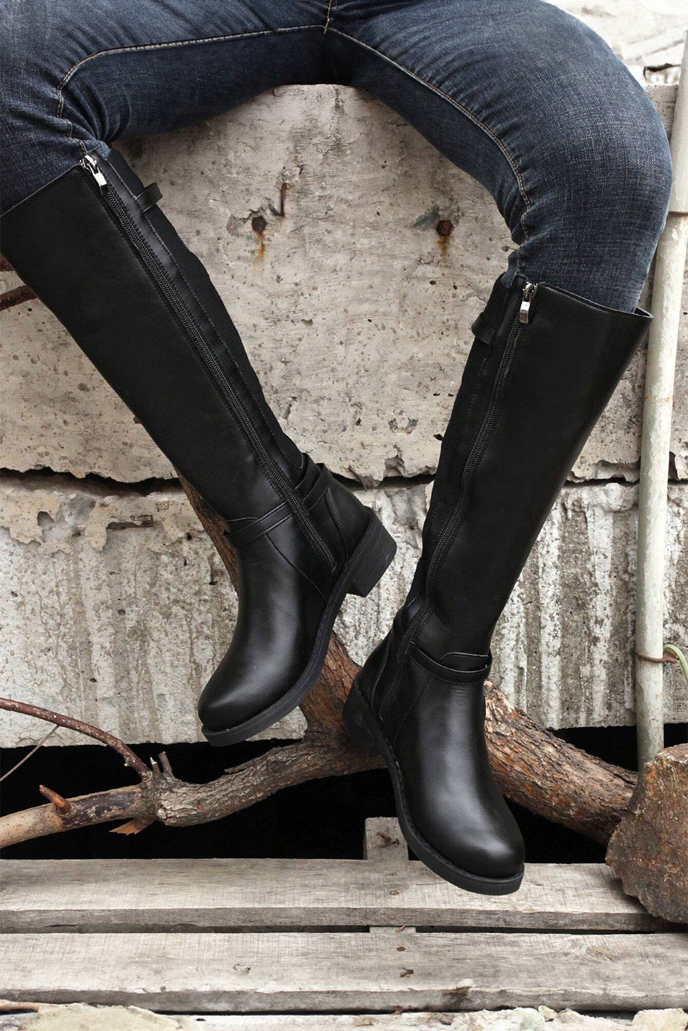 Black Side Zipper Knee High Chunky Low Heel Boots 🇨🇳