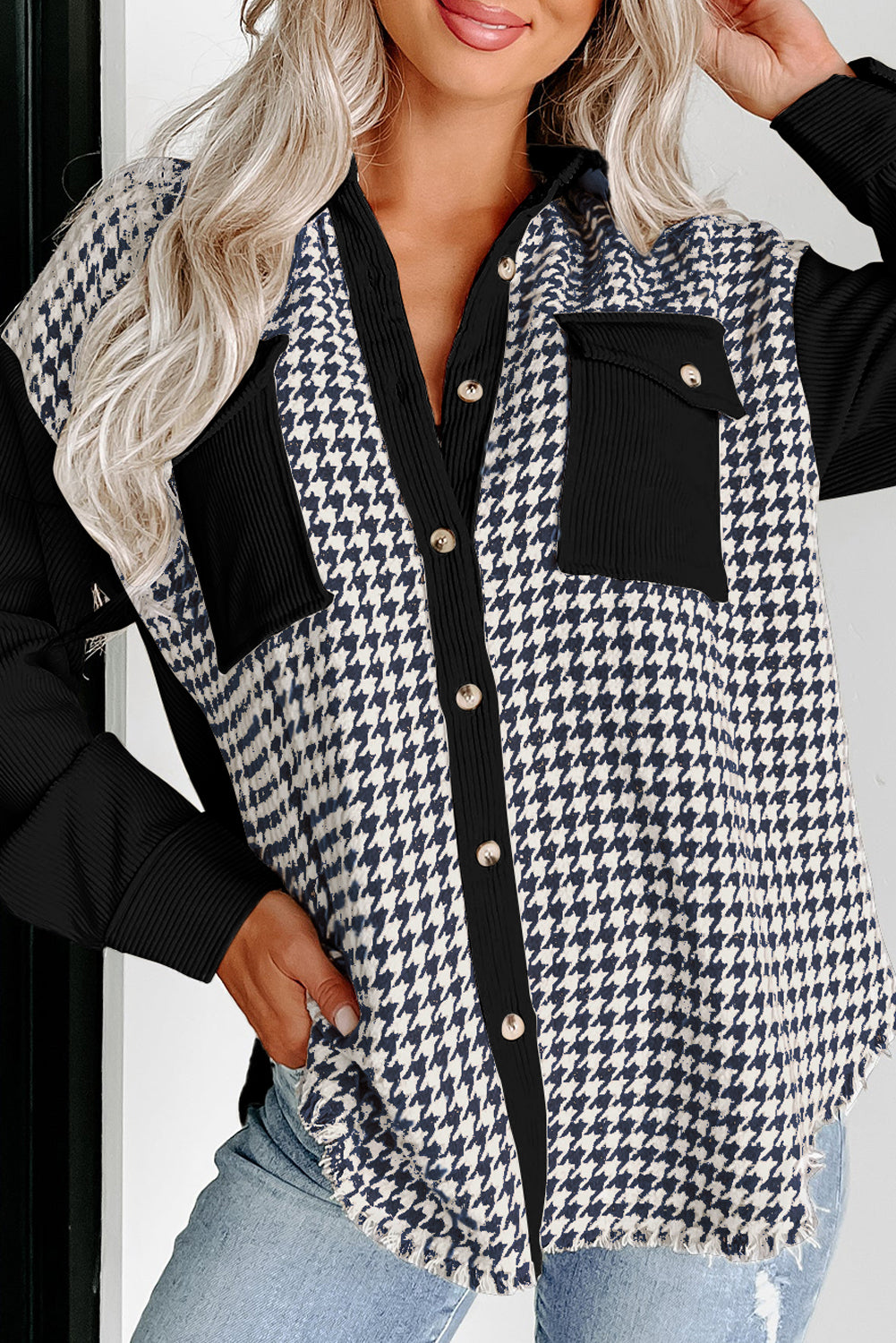 Black Houndstooth Corduroy Patchwork Flap Pocket Shacket 🇺🇸