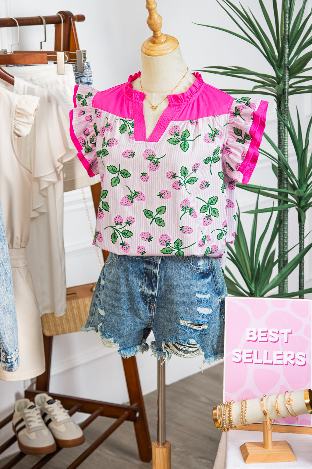 Pink Striped Strawberry Printed Color Block Patchwork V Neck Flutter Sleeve Blouse 🇺🇸