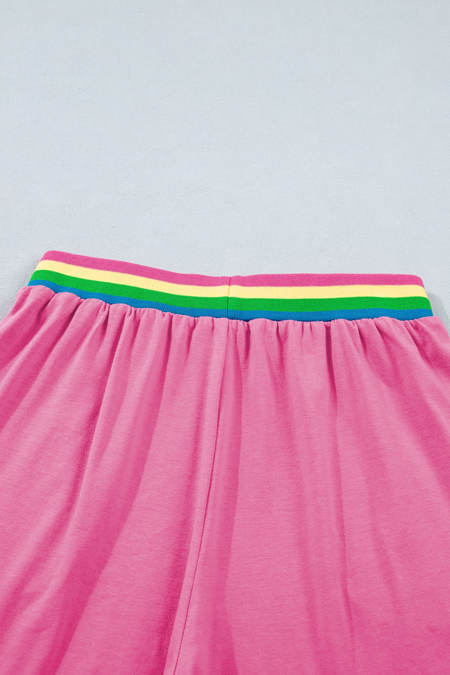 Bright Pink Seam Detail Raw Edge Tee Rainbow Waistband Casual Short Set 🇺🇸