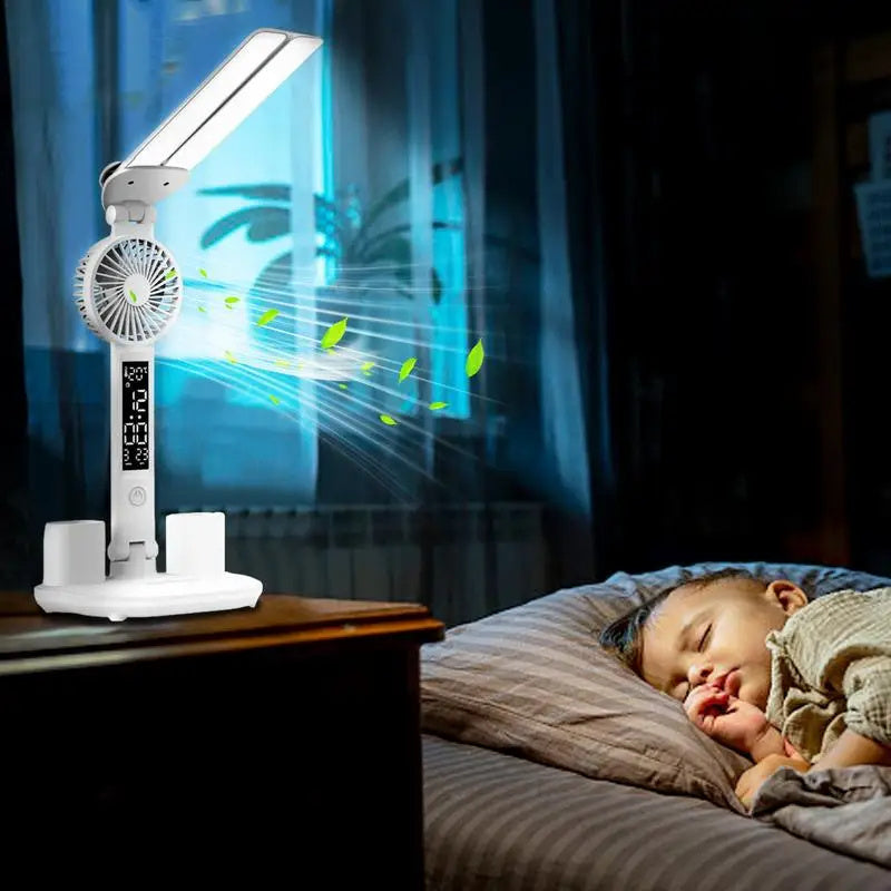 Foldable LED Table Light Eye Protection Multifunction Desk Lamp With Thermometer Calendar Fan Pen Holder Study Reading Fan Light 🇨🇳