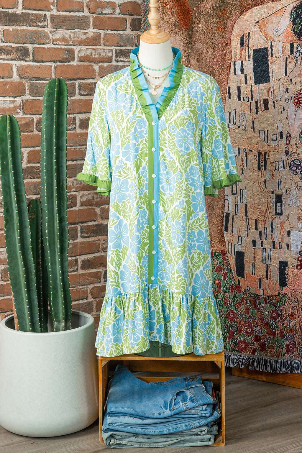 Sky Blue Botanical Floral Print Frilled Trim V Neck Button Front Loose Dress 🇺🇸