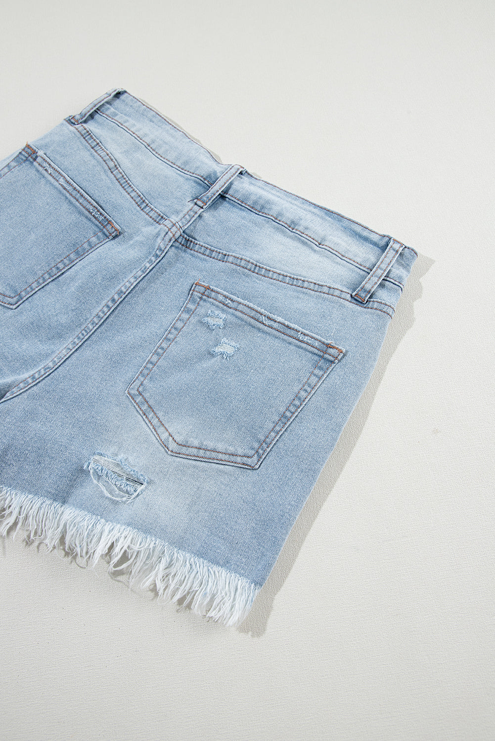 Light Blue Distressed Ripped Raw Hem High Waist Denim Shorts 🇨🇳