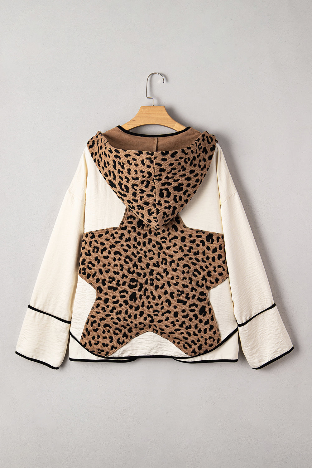 Brown Leopard Star Hooded Patchwork Contrast Piping Open Front Jacket 🇺🇸