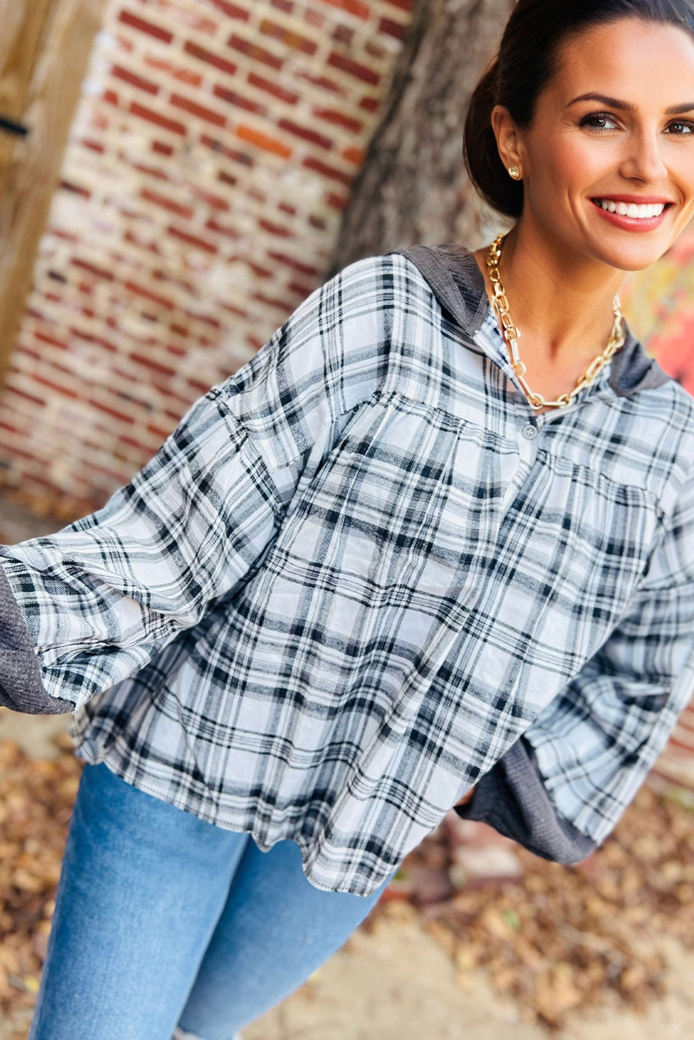 Gray Plaid Patchwork Long Sleeve Button Hooded Blouse 🇺🇸