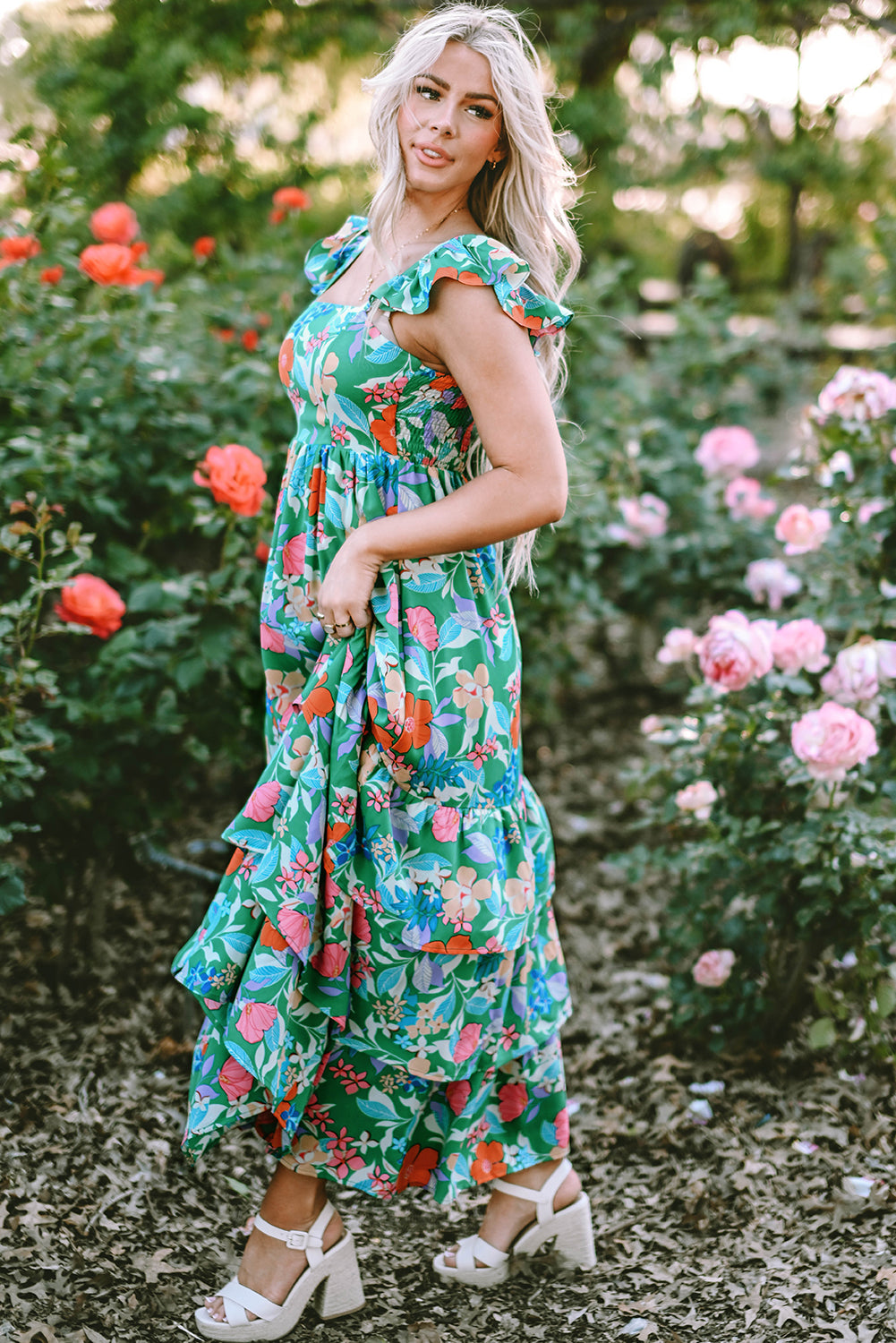 Green Floral Print Sleeveless Ruffle Tiered Maxi Dress 🇺🇸