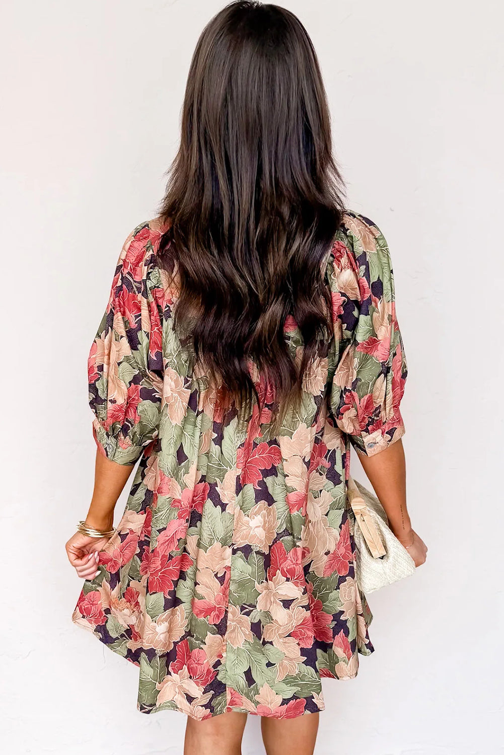 Green Floral Print Frilled Collar V Neck Half Sleeve Mini Dress 🇺🇸