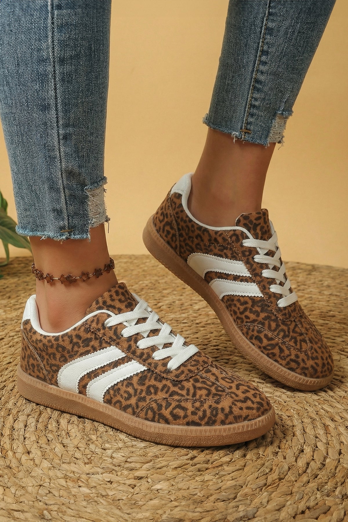 Coffee PU Leather Detail Shimmer Leopard Printed Lace-up Sneakers 🇺🇸