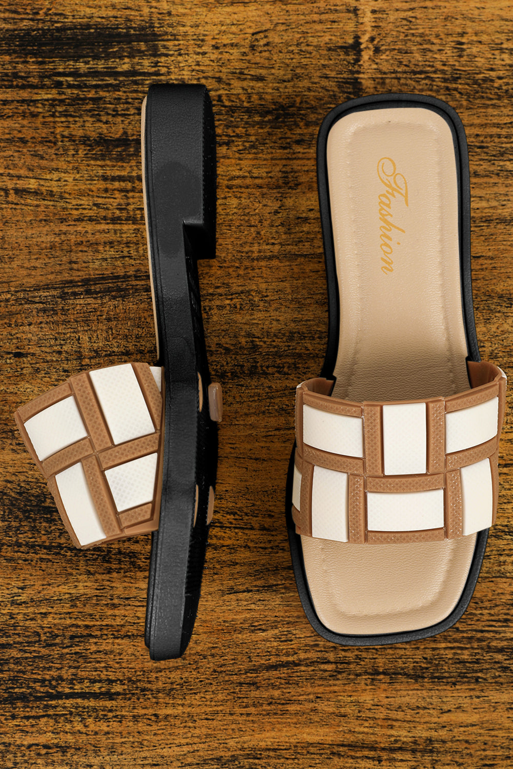 Beige Two Tone Contrast PU Leather Square Toe Slippers 🇨🇳