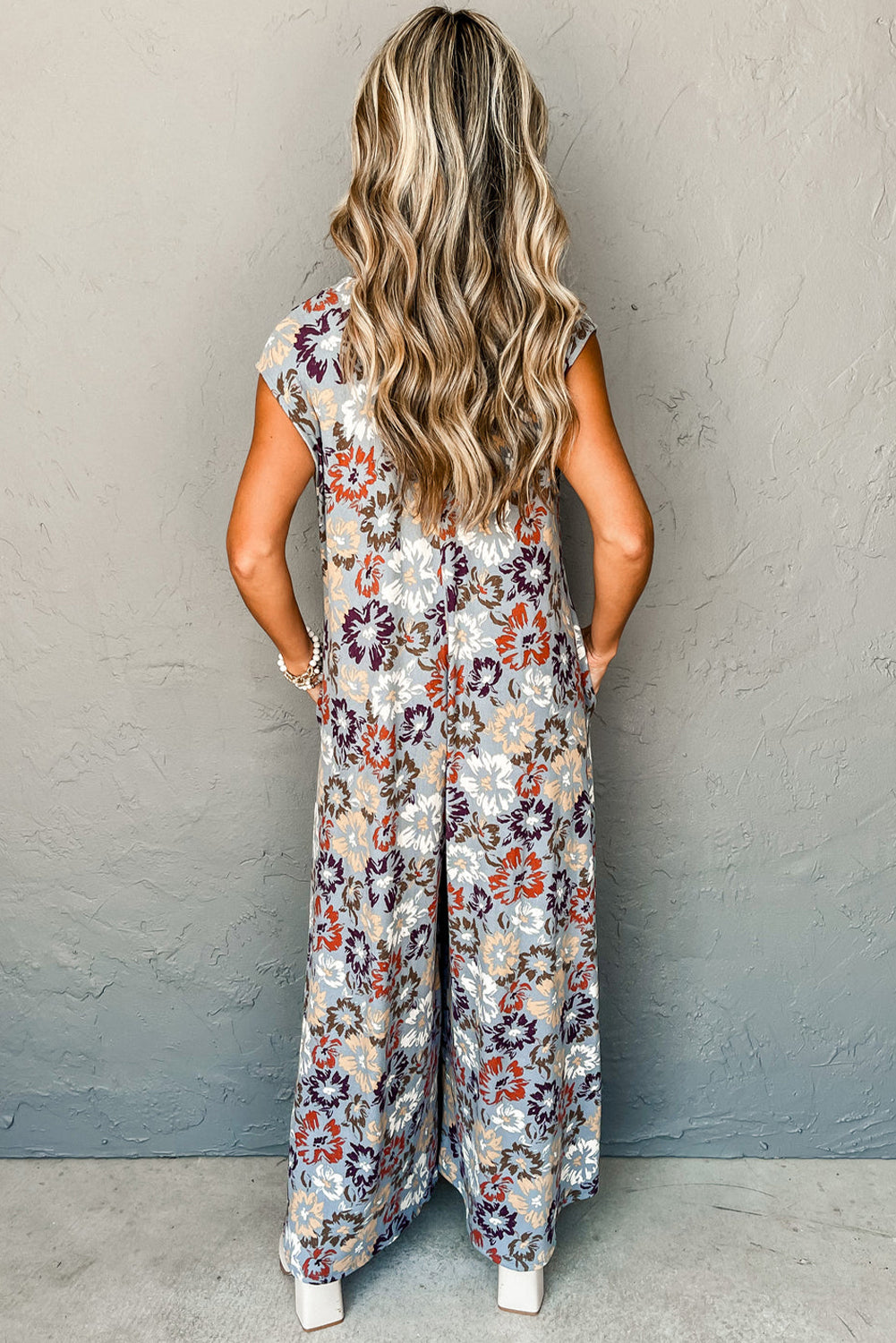Sky Blue Floral Sleeveless Buttoned Pocketed Wide Leg Jumpsuit 🇺🇸