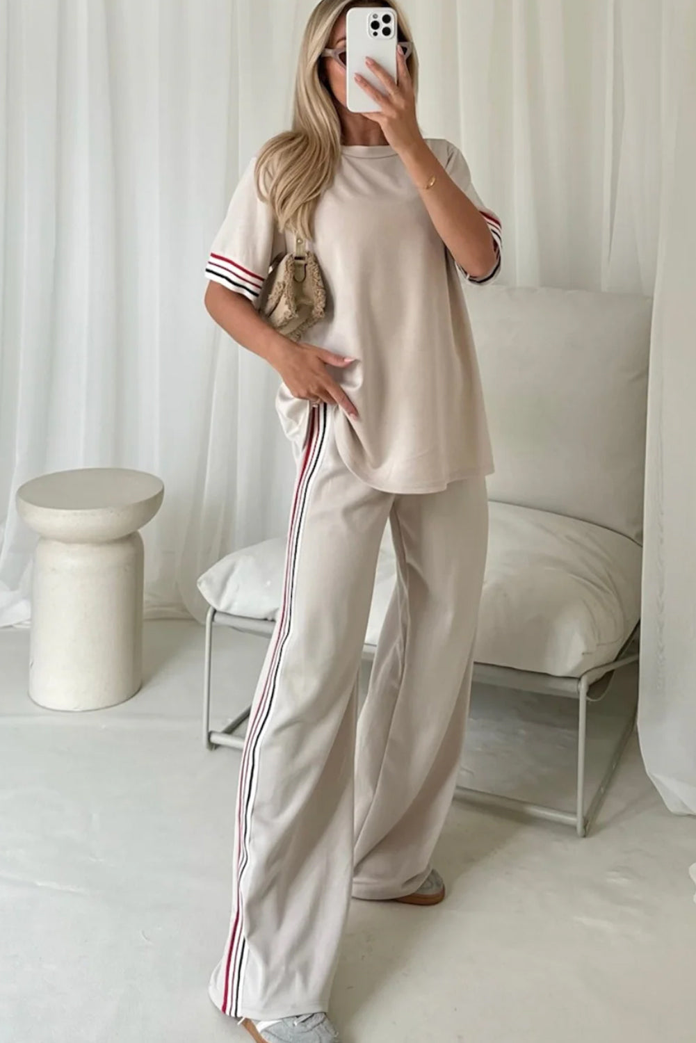 Jet Stream Contrast Striped Trim Crewneck T Shirt Loose Straight Pants Set 🇺🇸