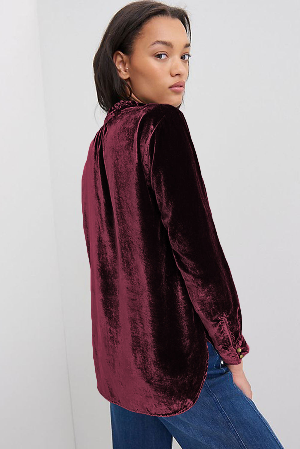 Burgundy Frilled Neck Buttoned Front Velvet Top 🇺🇸
