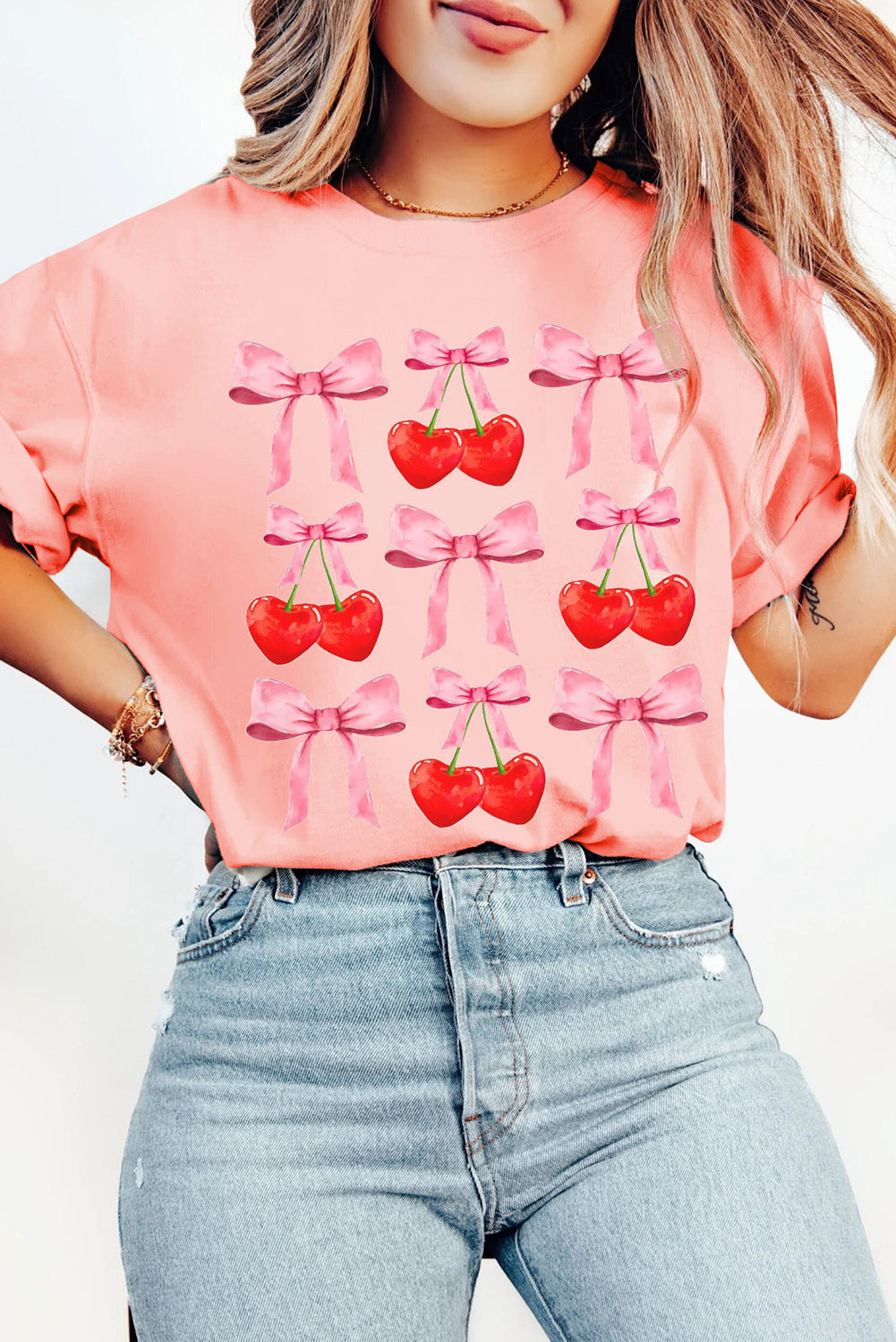 Pink Bow Cherry Print Crew Neck Casual T Shirt 🇨🇳